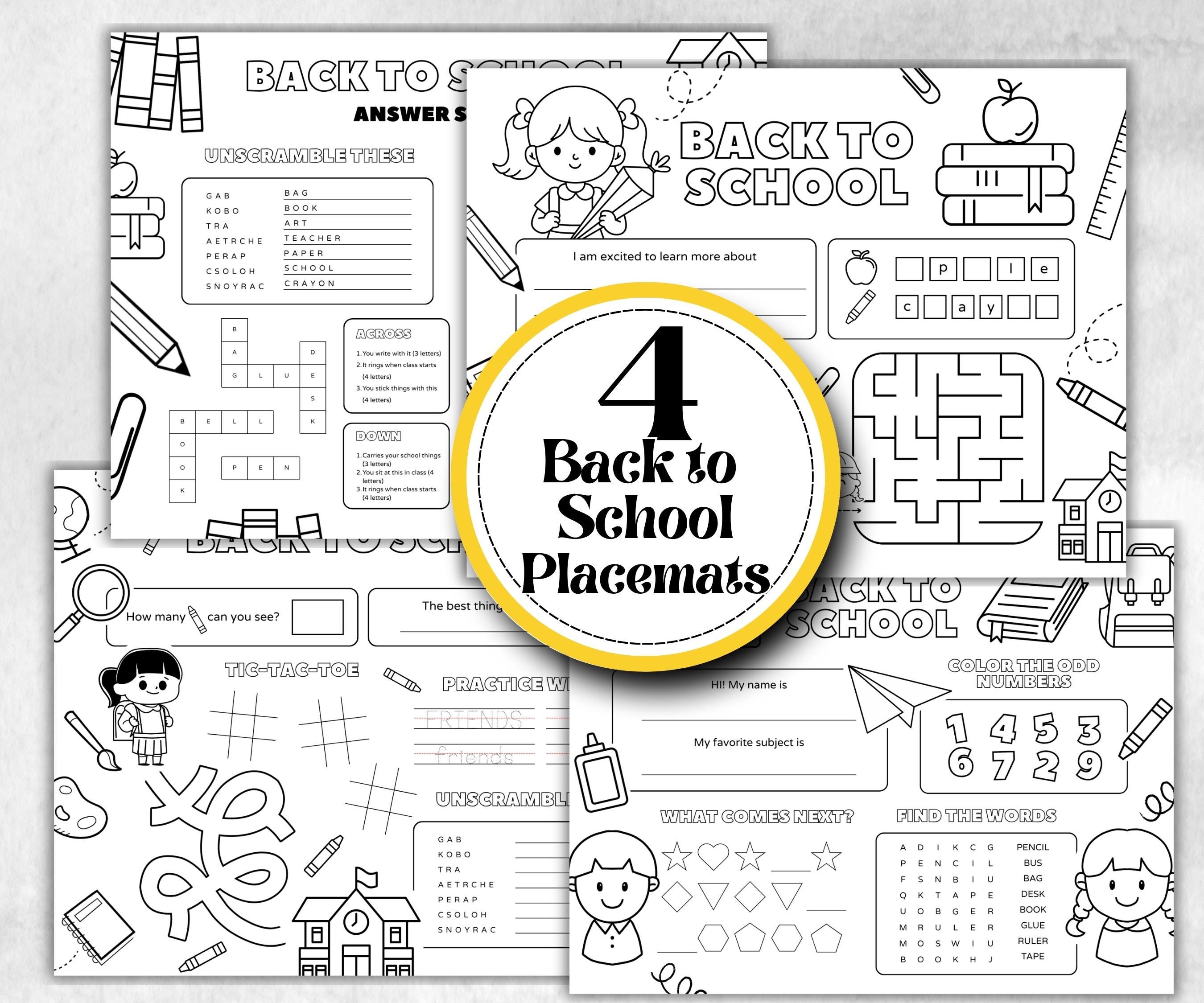 Back to School coloring Placemats, Daycare Printable, kids activity sheet, homeschool, educational Quiz, return to school, 1st day of school