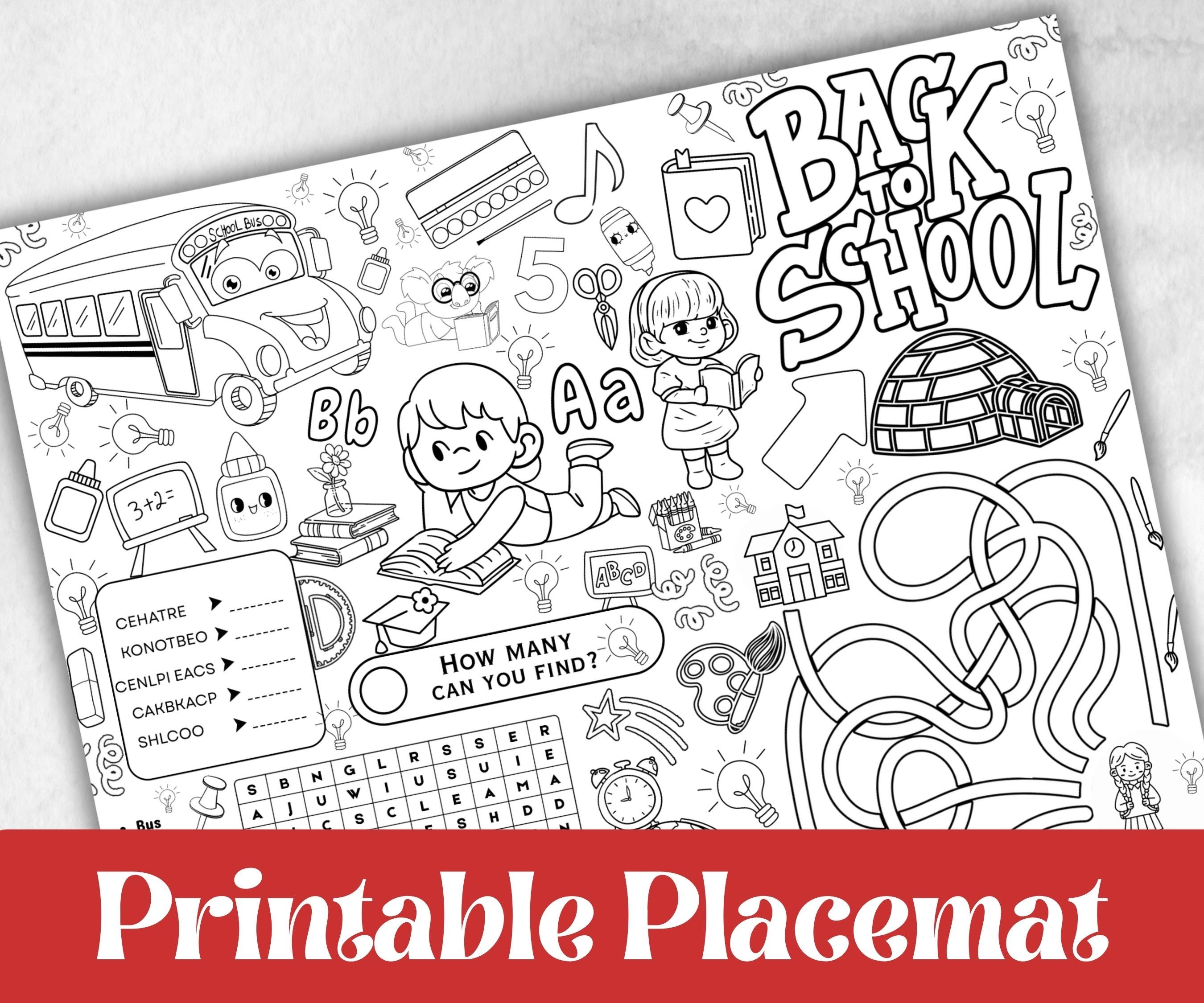 Back to School Placemats, Daycare coloring Printable, kids activity sheet, homeschool, educational Quiz, return to school, 1st day of school