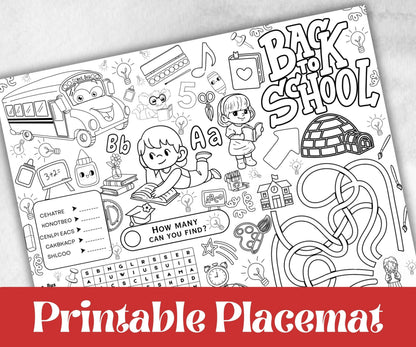 Back to School Placemats, Daycare coloring Printable, kids activity sheet, homeschool, educational Quiz, return to school, 1st day of school