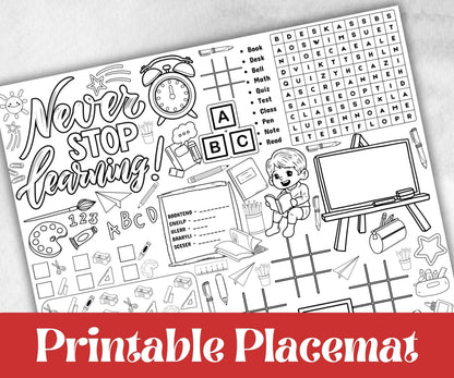 Back to School Placemats, Daycare coloring Printable, kids activity sheet, homeschool, educational Quiz, return to school, 1st day of school