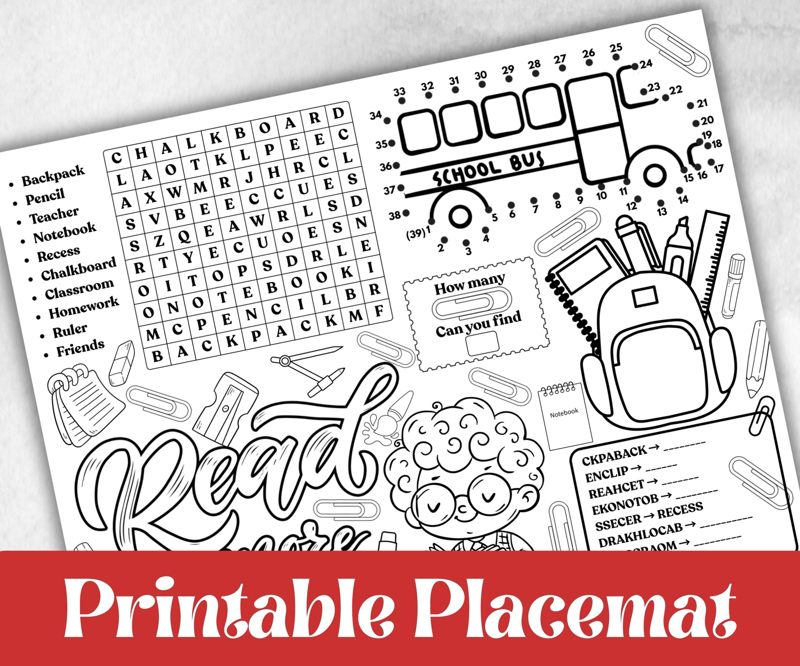 Back to School Placemats, Daycare coloring Printable, kids activity sheet, homeschool, educational Quiz, return to school, 1st day of school