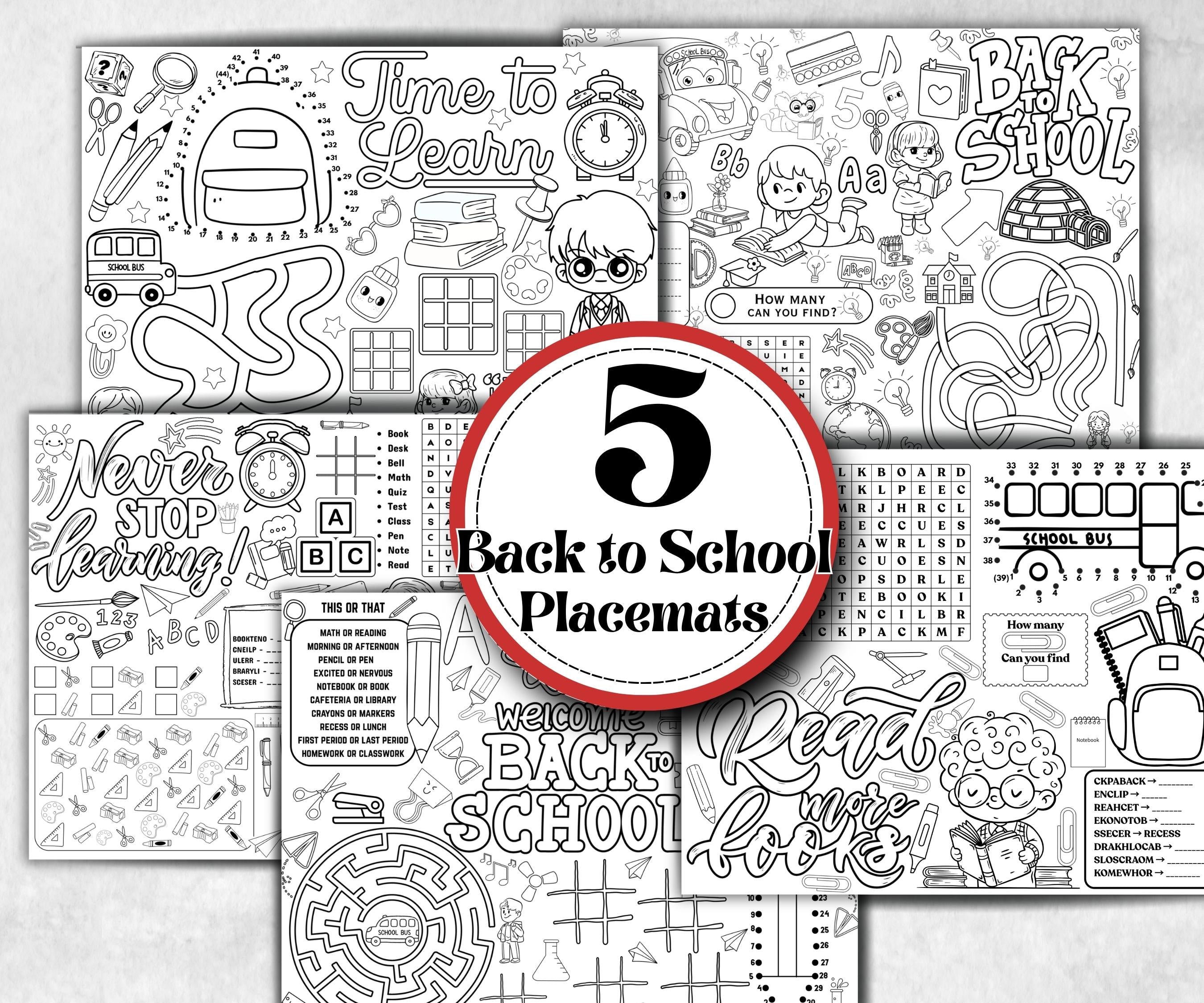 Back to School Placemats, Daycare coloring Printable, kids activity sheet, homeschool, educational Quiz, return to school, 1st day of school