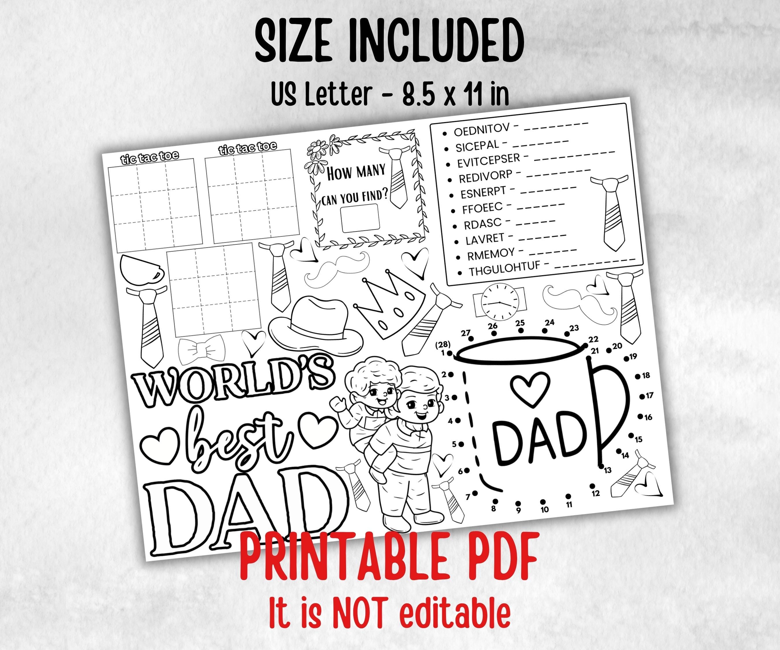 Fathers Day coloring Placemats, Daycare Printable, kids activity sheets, Keepsake, Personalised Gift, All about Dad, Daddy, Papa, Grandpa