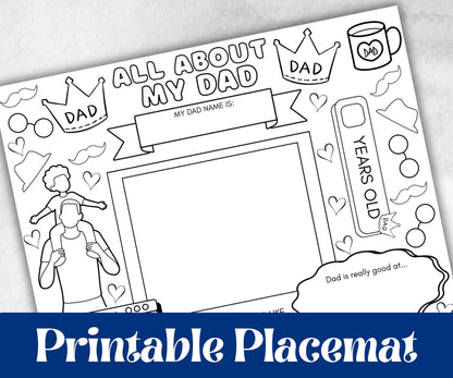 Fathers Day coloring Placemats, Daycare Printable, kids activity sheets, Keepsake, Personalised Gift, All about Dad, Daddy, Papa, Grandpa
