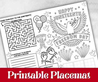 Juneteenth coloring Placemats, Printable kids activity sheets, Black History, American African, freedom day bundle, group games, celebration