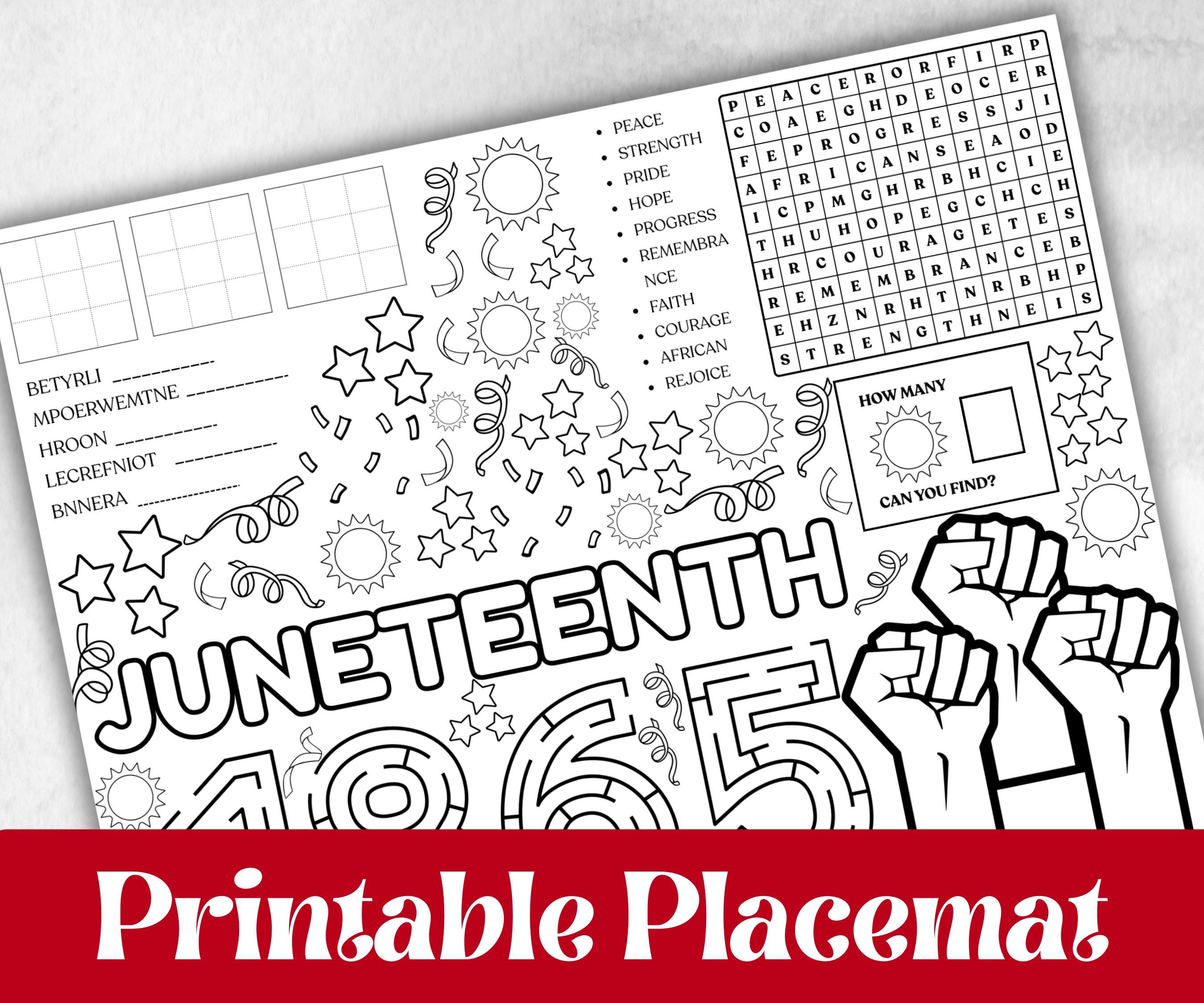 Juneteenth coloring Placemats, Printable kids activity sheets, Black History, American African, freedom day bundle, group games, celebration