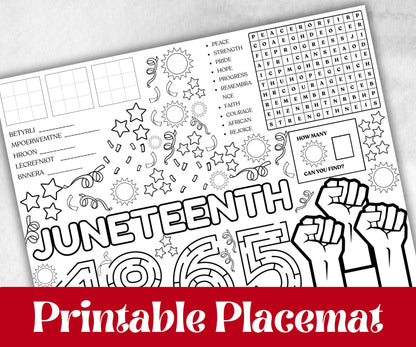 Juneteenth coloring Placemats, Printable kids activity sheets, Black History, American African, freedom day bundle, group games, celebration