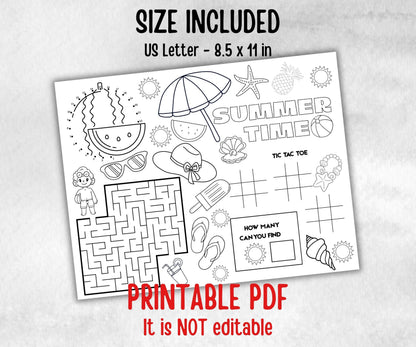 Summer coloring Placemats, Printable school sheets, beach party, breakfast, Road Trips, sunday school, pool party activity bundle, dinner