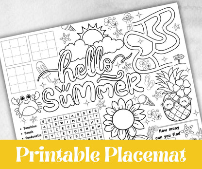 Summer coloring Placemats, Printable school sheets, beach party, breakfast, Road Trips, sunday school, pool party activity bundle, dinner