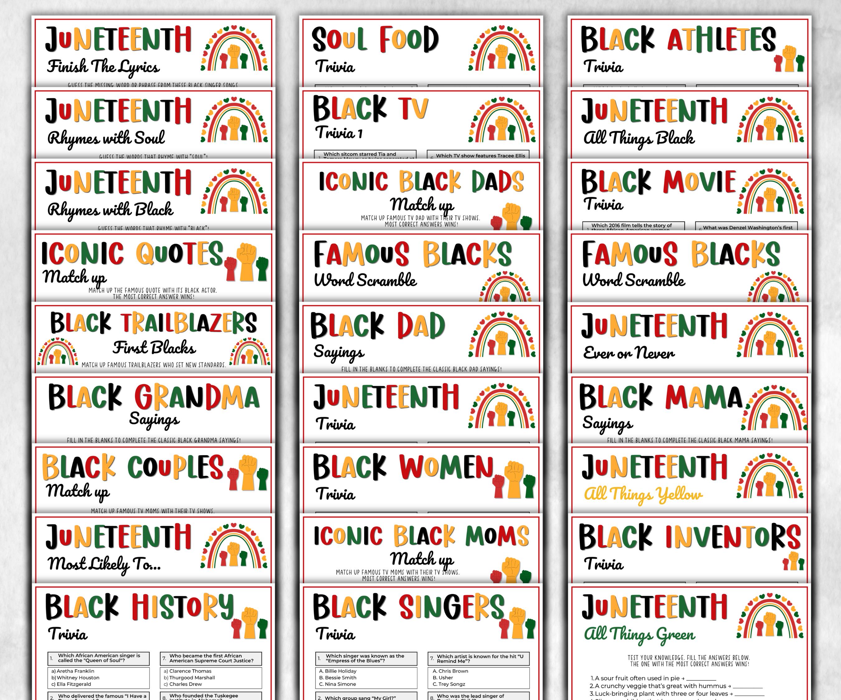 Juneteenth Games Bundle, kids educational game, mix and mingle, word scramble, pass the prize, finish the phrase, word search, pride trivia