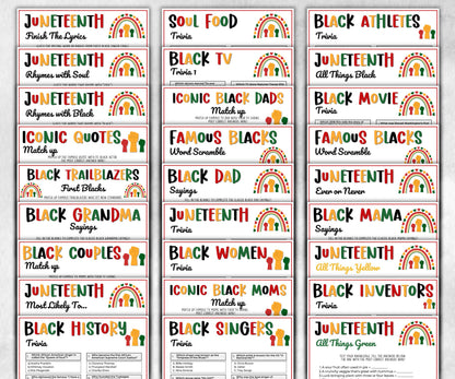 Juneteenth Games Bundle, kids educational game, mix and mingle, word scramble, pass the prize, finish the phrase, word search, pride trivia