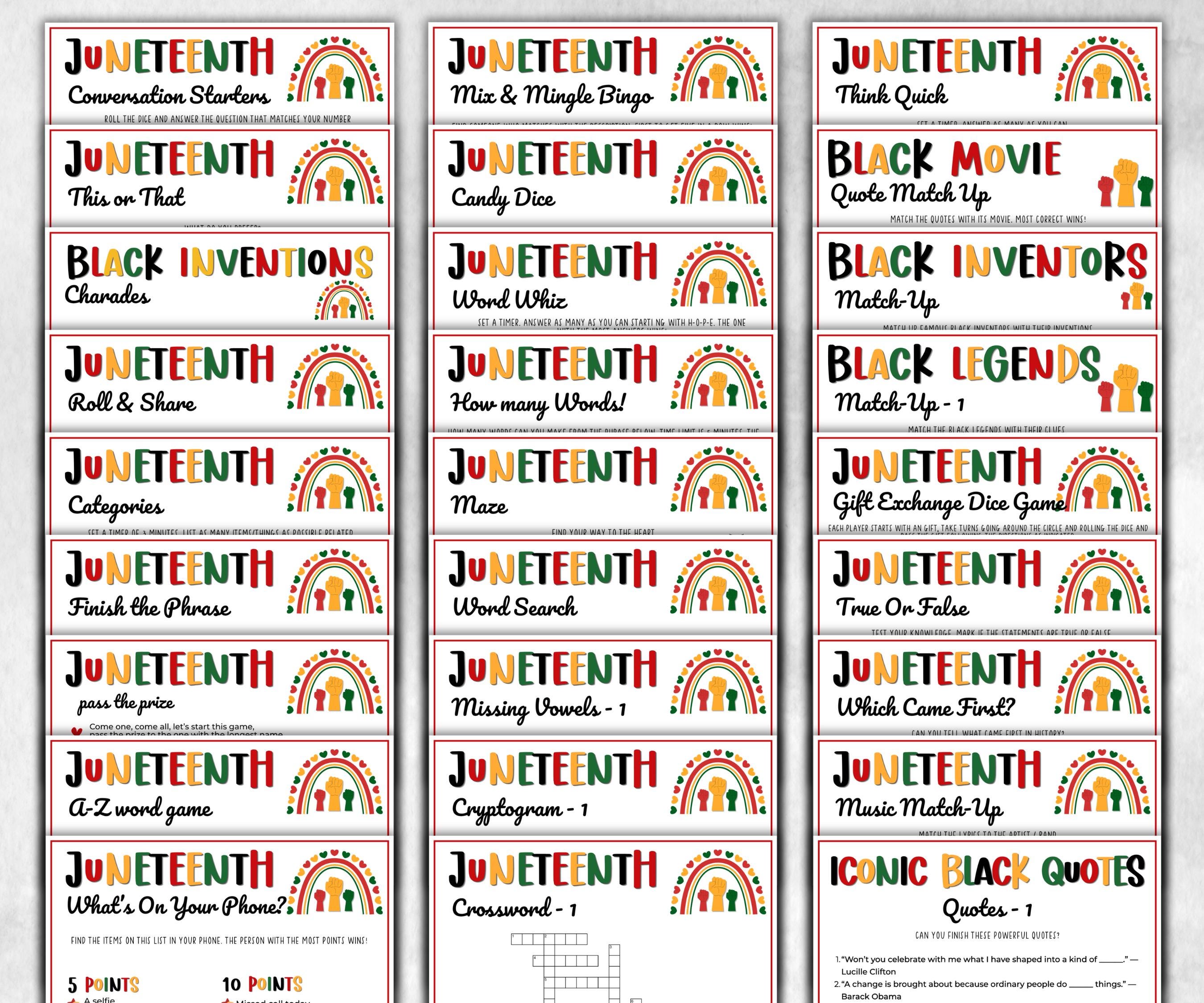 Juneteenth Games Bundle, kids educational game, mix and mingle, word scramble, pass the prize, finish the phrase, word search, pride trivia