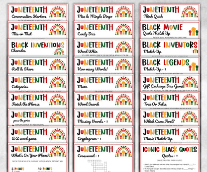 Juneteenth Games Bundle, kids educational game, mix and mingle, word scramble, pass the prize, finish the phrase, word search, pride trivia