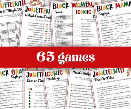 Juneteenth Games Bundle, kids educational game, mix and mingle, word scramble, pass the prize, finish the phrase, word search, pride trivia