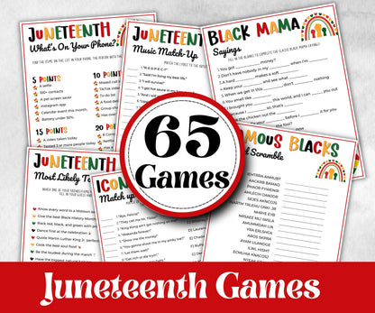 Juneteenth Games Bundle, kids educational game, mix and mingle, word scramble, pass the prize, finish the phrase, word search, pride trivia