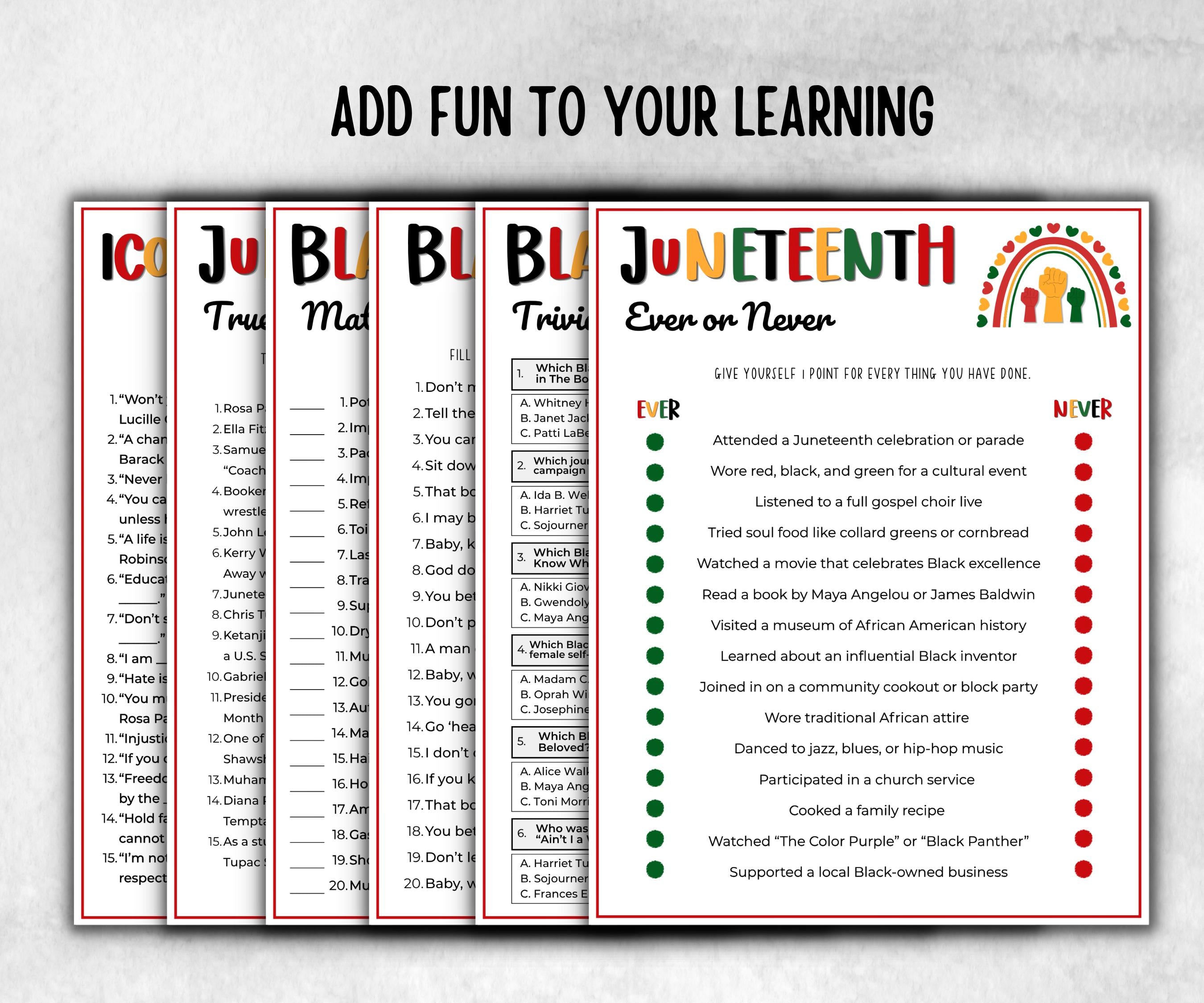 Juneteenth Games Bundle, kids educational game, mix and mingle, word scramble, pass the prize, finish the phrase, word search, pride trivia