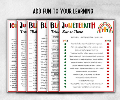 Juneteenth Games Bundle, kids educational game, mix and mingle, word scramble, pass the prize, finish the phrase, word search, pride trivia