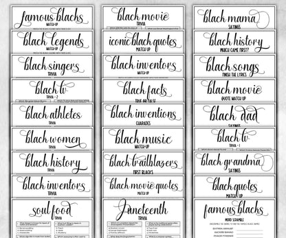 Black Party Game Bundle, African American Trailblazers, Black Culture, adults teens kids, Black Pop Culture, Music lyrics, Movies TV trivia