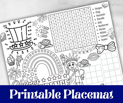 4th of July placemat, Daycare Printable, kids activity sheets, Independence Day, patriotic coloring, America, Fourth of July, Summer picnic