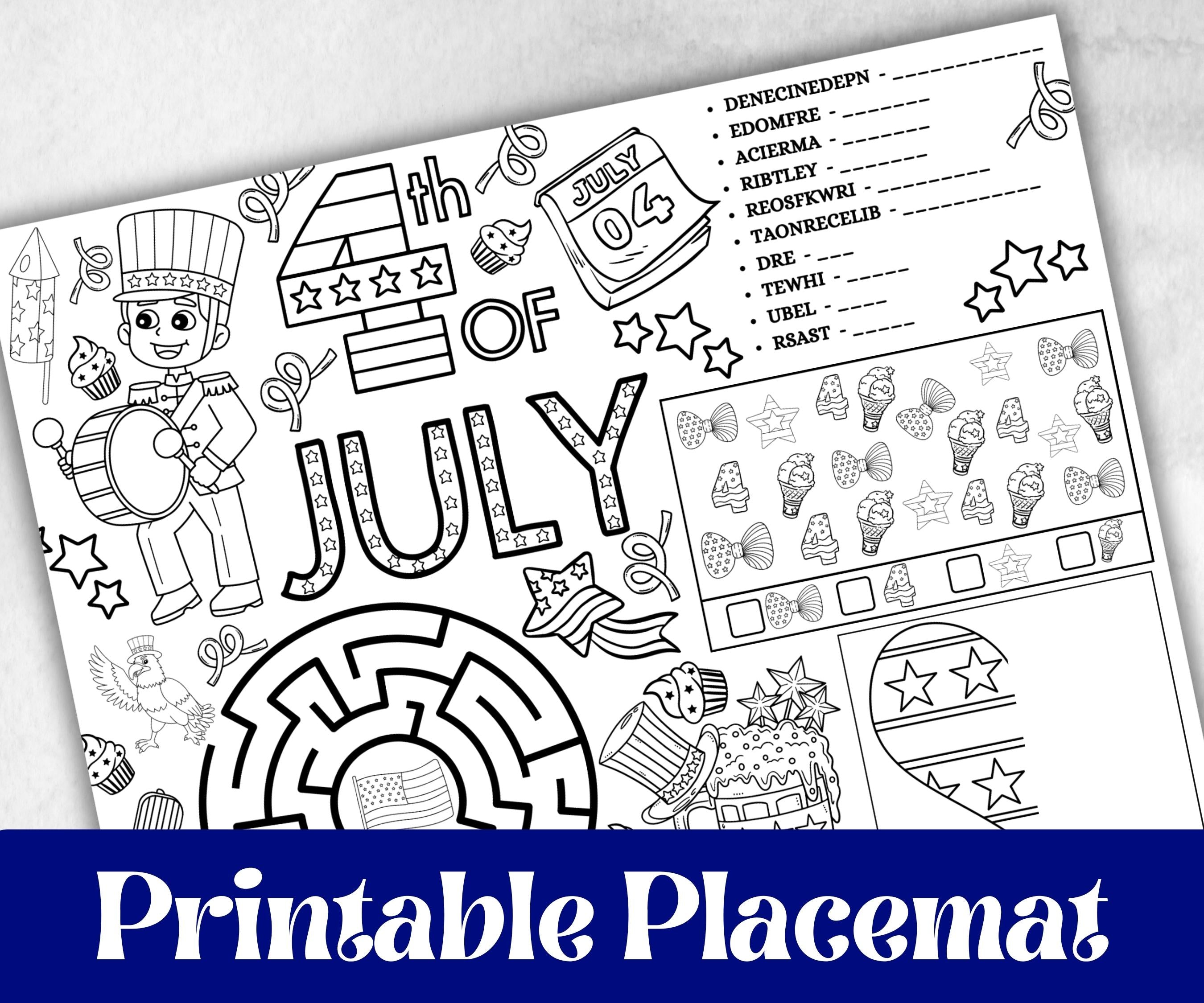 4th of July placemat, Daycare Printable, kids activity sheets, Independence Day, patriotic coloring, America, Fourth of July, Summer picnic