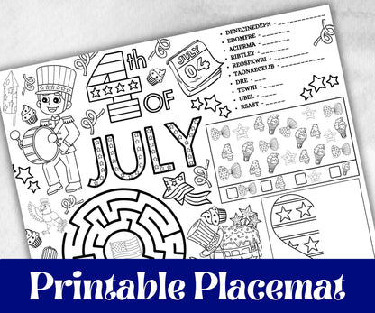 4th of July placemat, Daycare Printable, kids activity sheets, Independence Day, patriotic coloring, America, Fourth of July, Summer picnic