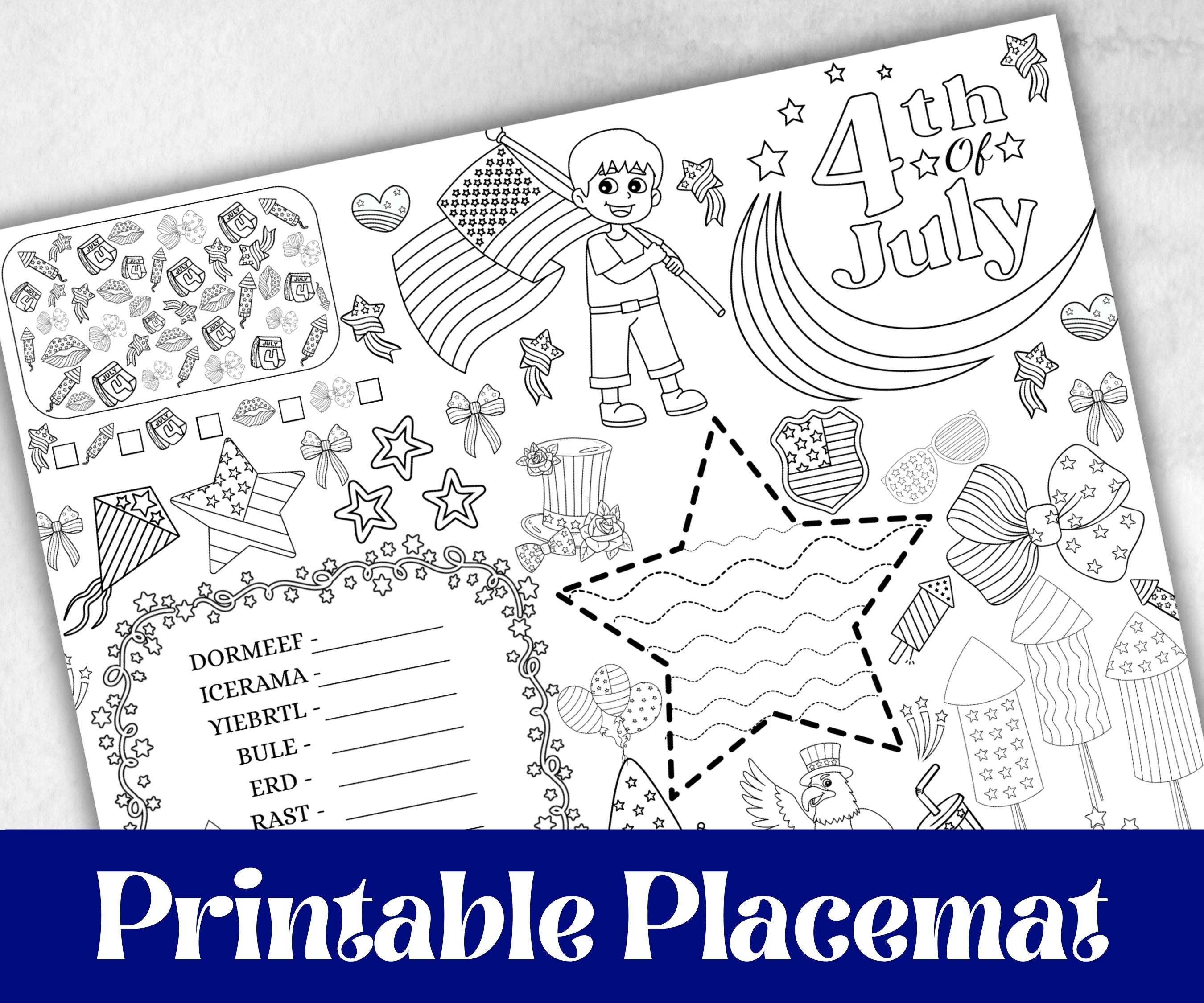 4th of July placemat, Daycare Printable, kids activity sheets, Independence Day, patriotic coloring, America, Fourth of July, Summer picnic