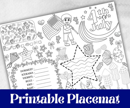 4th of July placemat, Daycare Printable, kids activity sheets, Independence Day, patriotic coloring, America, Fourth of July, Summer picnic