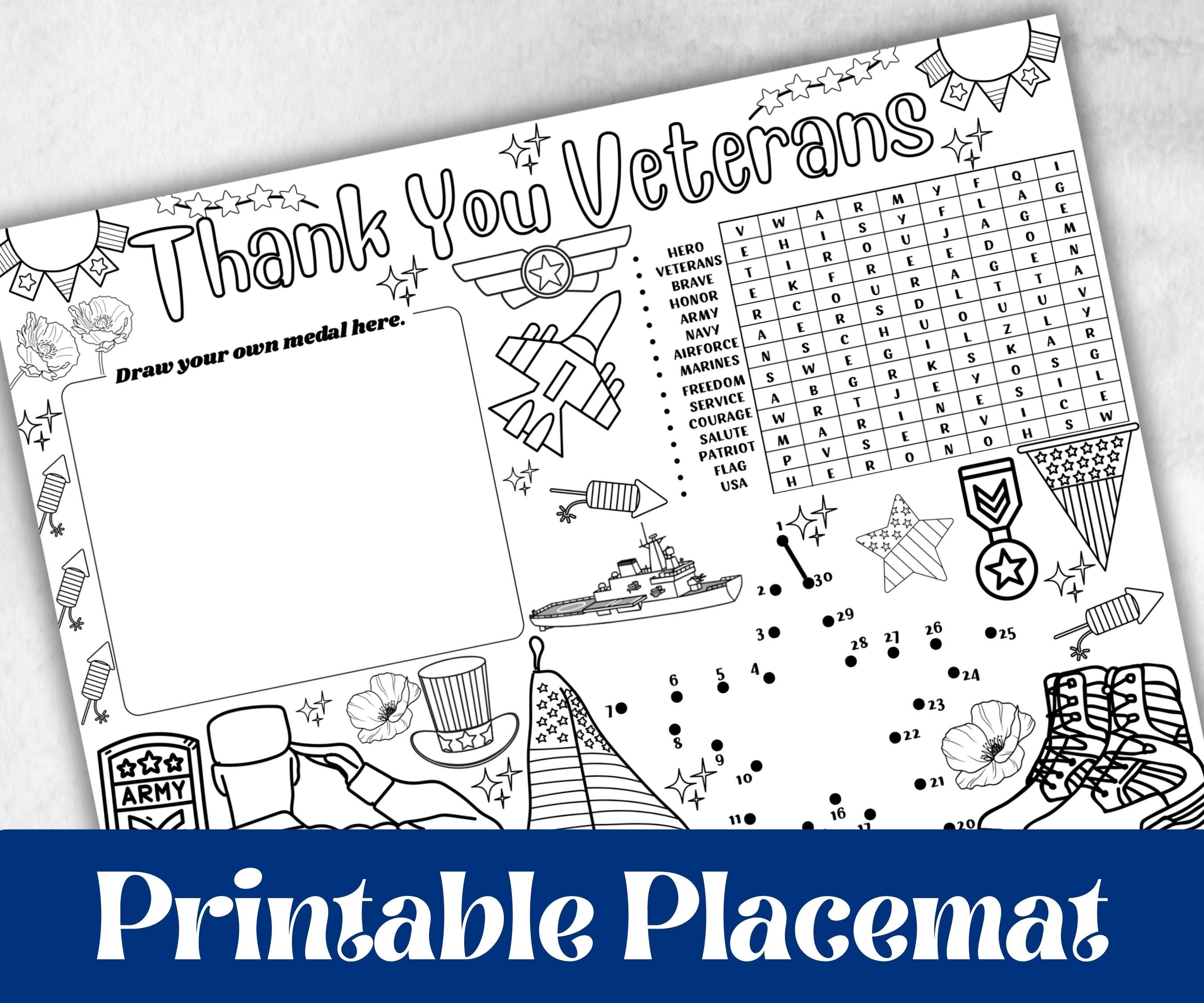 Veterans Day placemat, Daycare Printable, kids activity sheets, Memorial Day, patriotic games, America, USA, remembrance day, Military Vets