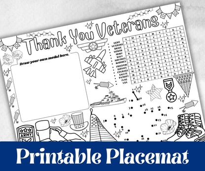 Veterans Day placemat, Daycare Printable, kids activity sheets, Memorial Day, patriotic games, America, USA, remembrance day, Military Vets