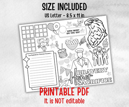 Veterans Day placemat, Daycare Printable, kids activity sheets, Memorial Day, patriotic games, America, USA, remembrance day, Military Vets