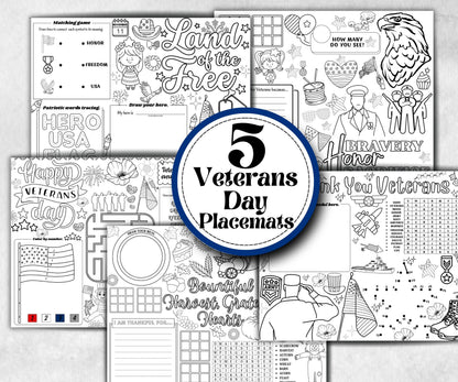 Veterans Day placemat, Daycare Printable, kids activity sheets, Memorial Day, patriotic games, America, USA, remembrance day, Military Vets