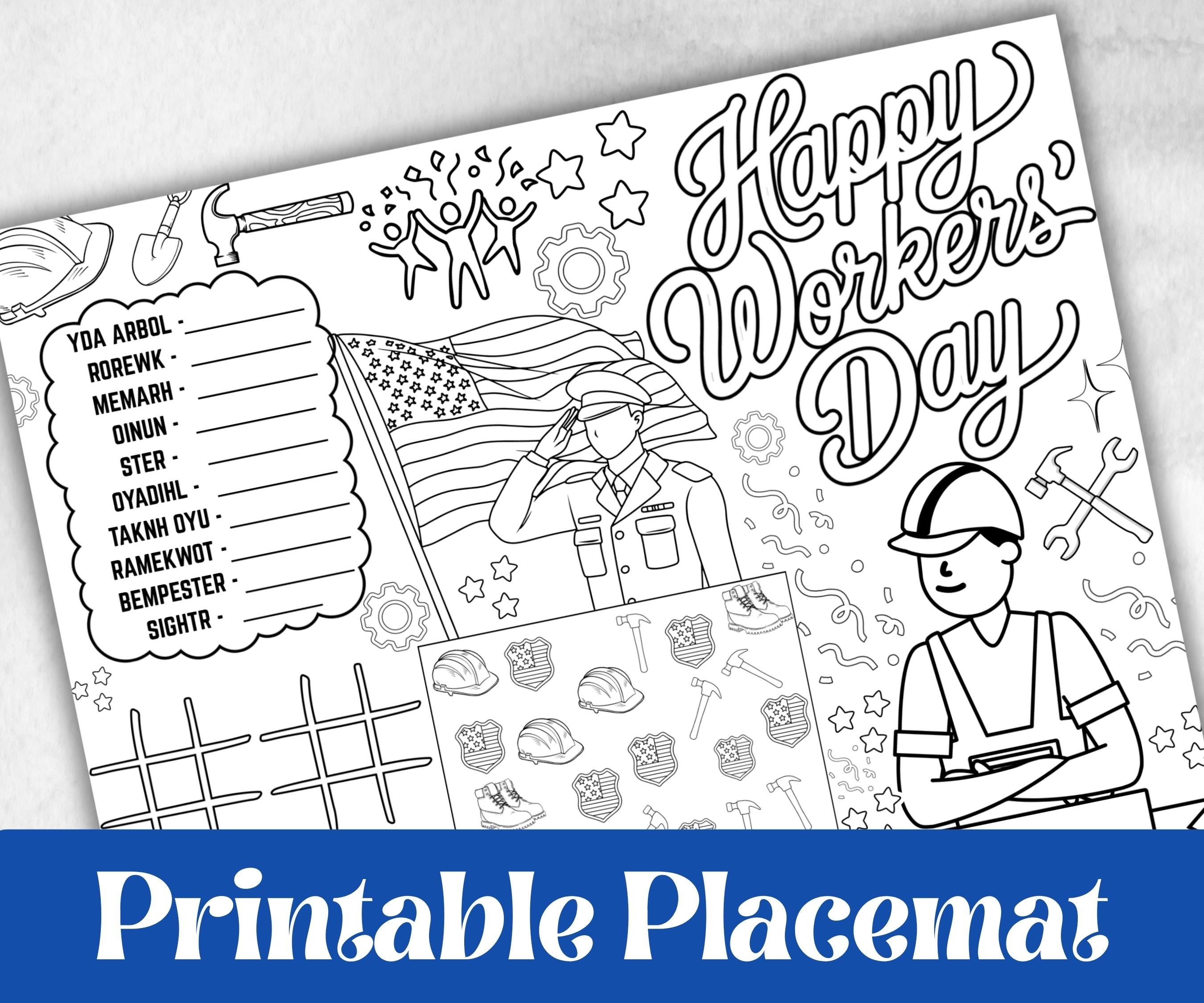 Labor Day placemat, Daycare Printable, kids activity sheets, Memorial Day, patriotic games, America, USA, remembrance day, community helpers