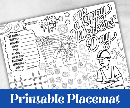 Labor Day placemat, Daycare Printable, kids activity sheets, Memorial Day, patriotic games, America, USA, remembrance day, community helpers