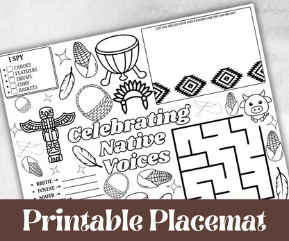 Indigenous Peoples day placemat, Daycare Printable, kids sheets, Columbus Day, Native American, cultural heritage learning, history themed