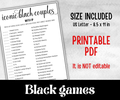 Iconic Black Couples Trivia, African American, Black Culture baby shower, Mommy to be, icebreaker activity, baby sprinkle, family game night