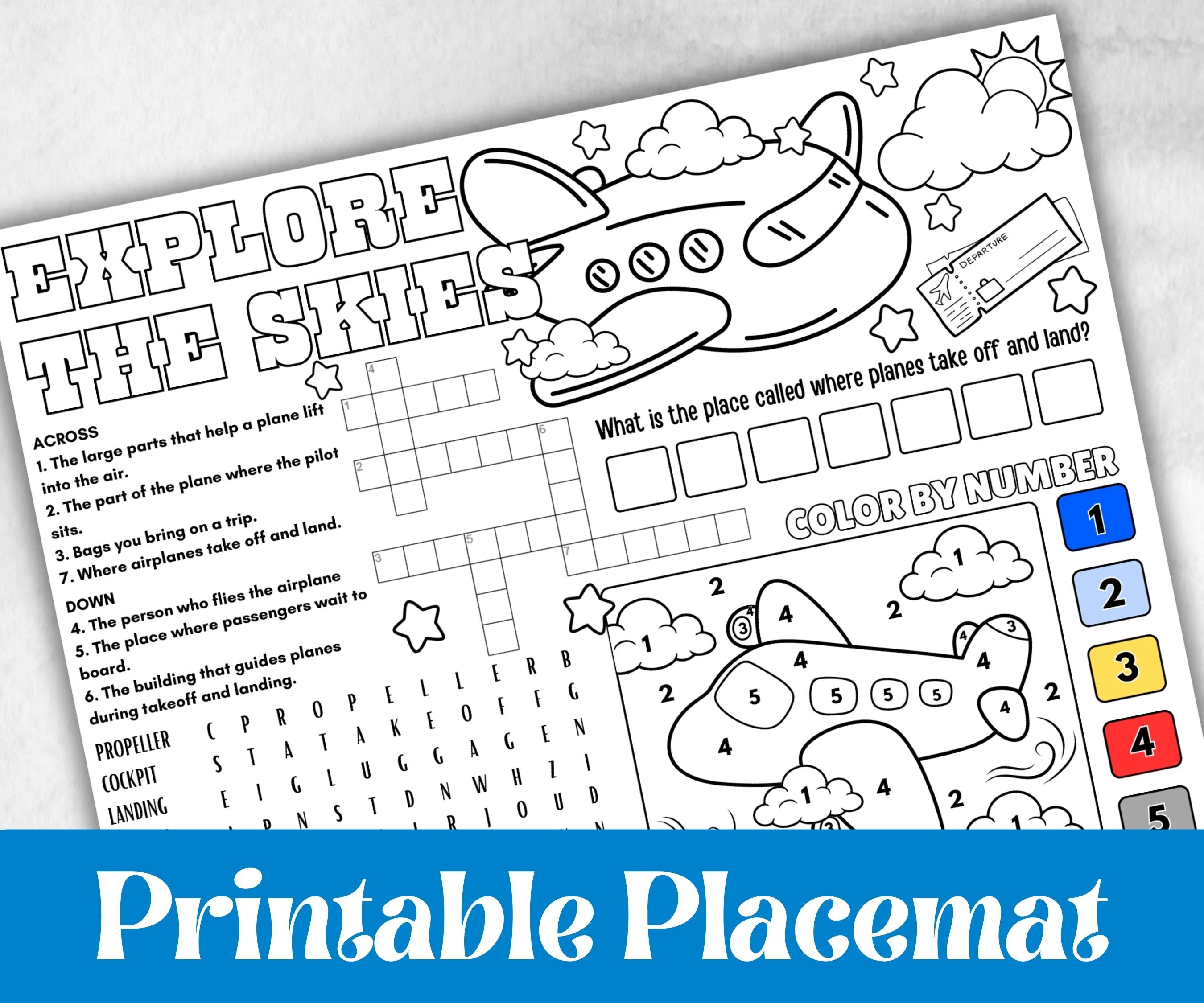 Airplane placemat placemat, Daycare Printable, kids sheets, Birthday coloring Sheet, Boy Girl Bday, Flying, pilot themed, plane travel fun