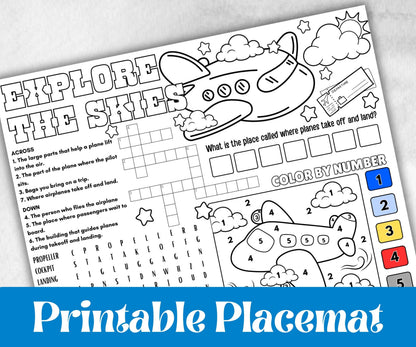 Airplane placemat placemat, Daycare Printable, kids sheets, Birthday coloring Sheet, Boy Girl Bday, Flying, pilot themed, plane travel fun