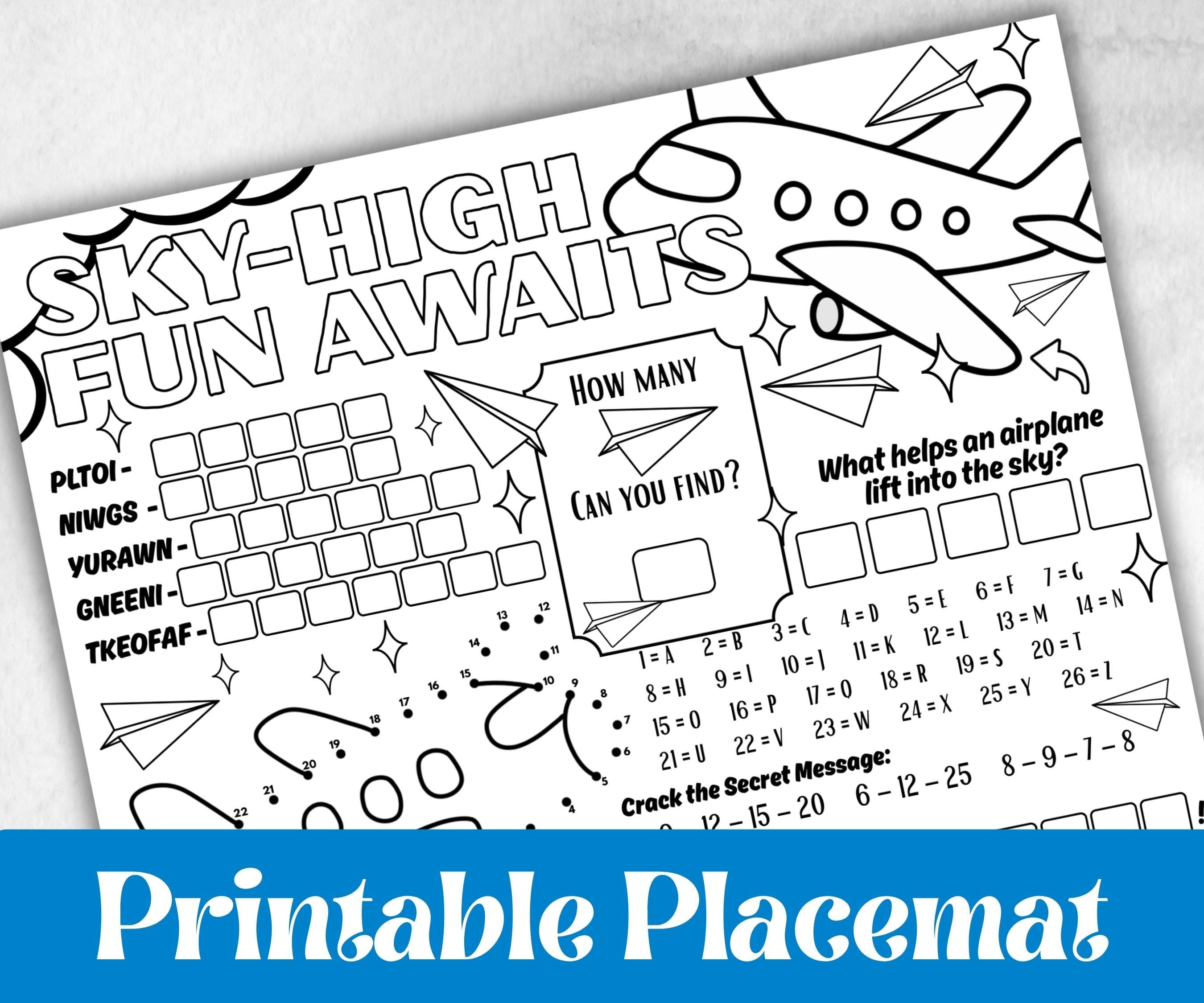 Airplane placemat placemat, Daycare Printable, kids sheets, Birthday coloring Sheet, Boy Girl Bday, Flying, pilot themed, plane travel fun