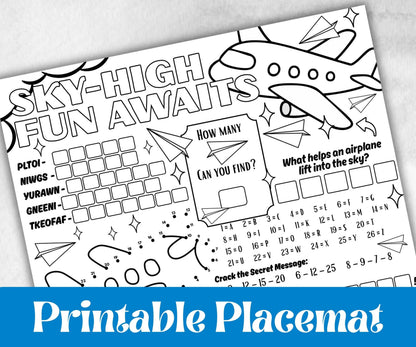 Airplane placemat placemat, Daycare Printable, kids sheets, Birthday coloring Sheet, Boy Girl Bday, Flying, pilot themed, plane travel fun