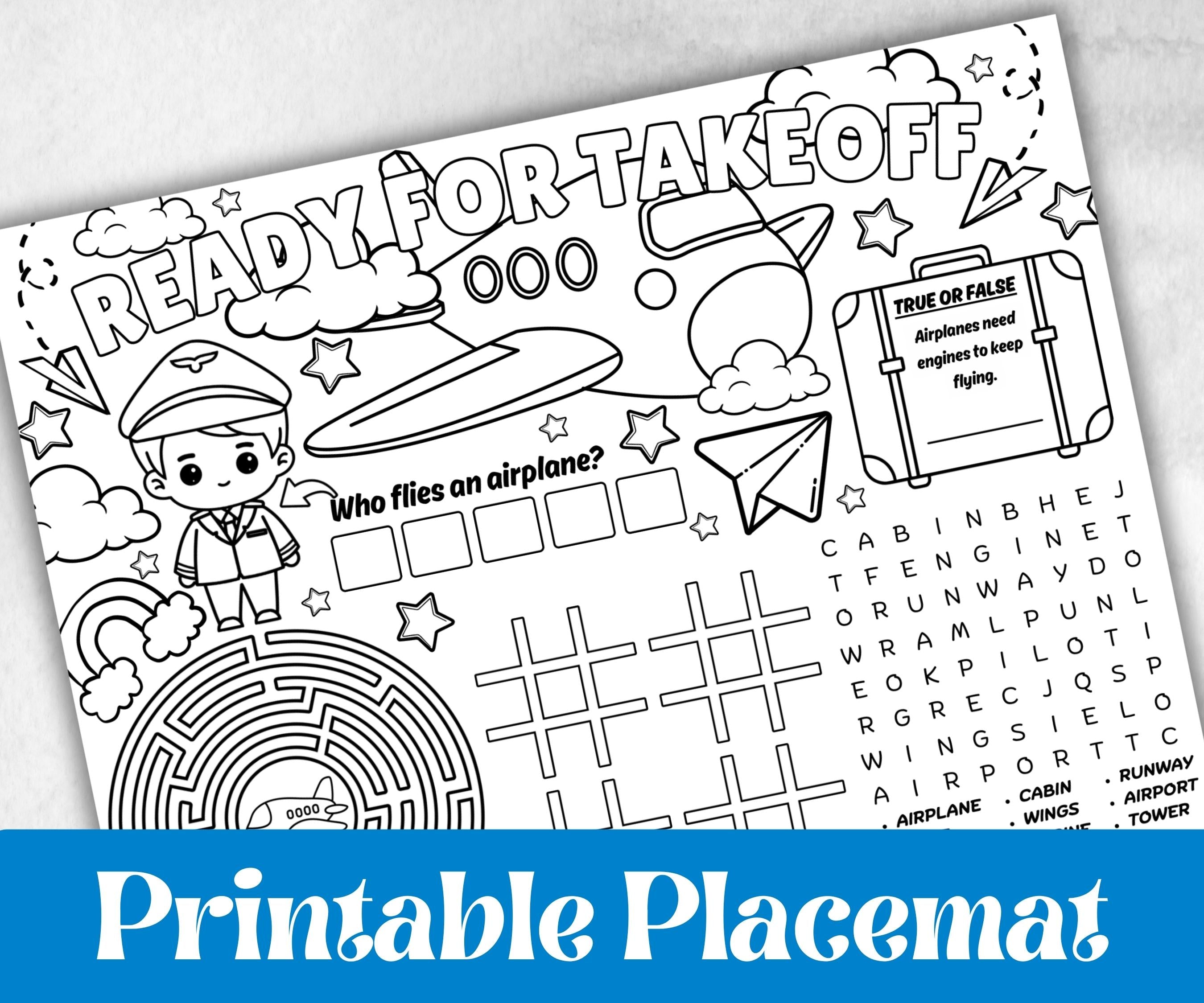 Airplane placemat placemat, Daycare Printable, kids sheets, Birthday coloring Sheet, Boy Girl Bday, Flying, pilot themed, plane travel fun
