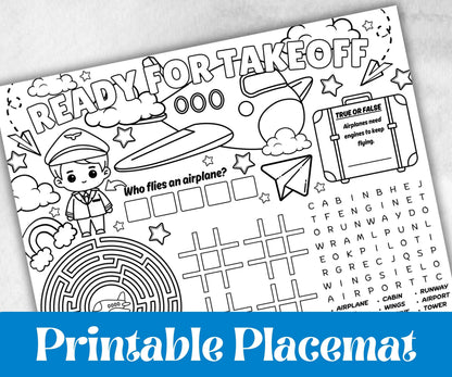 Airplane placemat placemat, Daycare Printable, kids sheets, Birthday coloring Sheet, Boy Girl Bday, Flying, pilot themed, plane travel fun