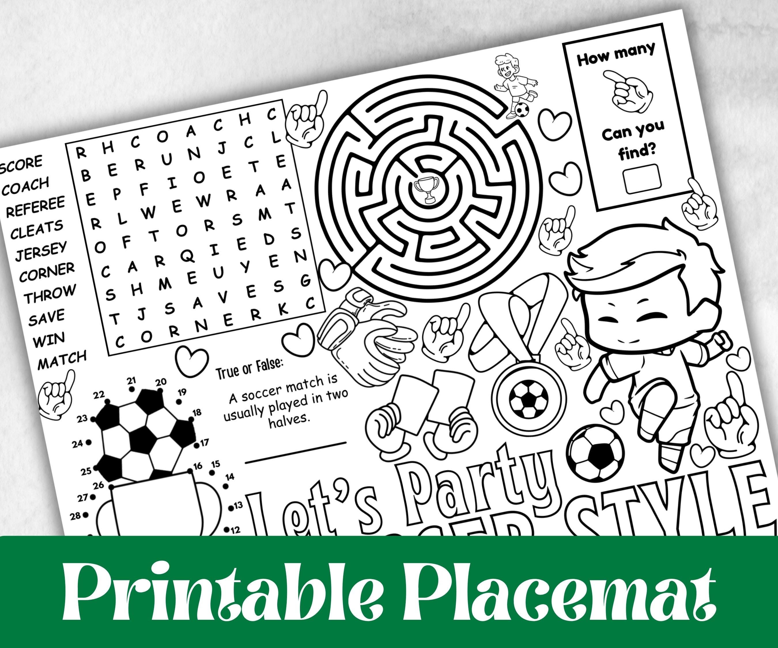 Soccer placemat placemat, Daycare Printable, kids sheets, Birthday coloring Sheet, Boy Girl Bday favor, Football themed, sports, world cup