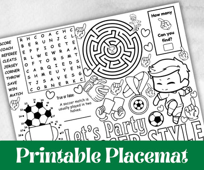 Soccer placemat placemat, Daycare Printable, kids sheets, Birthday coloring Sheet, Boy Girl Bday favor, Football themed, sports, world cup