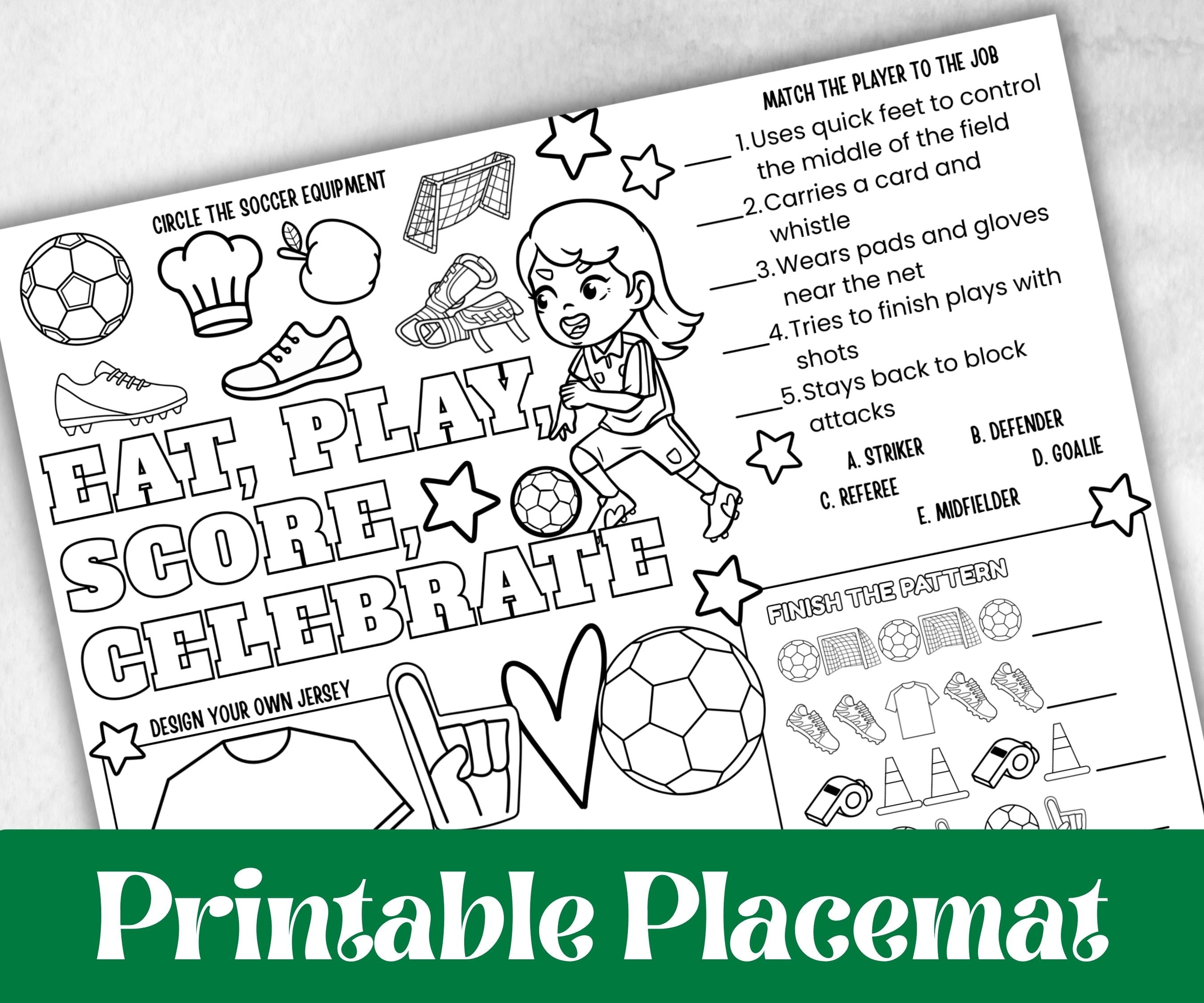 Soccer placemat placemat, Daycare Printable, kids sheets, Birthday coloring Sheet, Boy Girl Bday favor, Football themed, sports, world cup