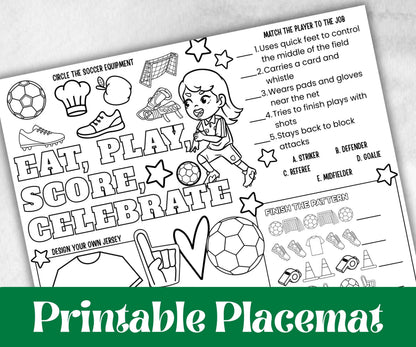 Soccer placemat placemat, Daycare Printable, kids sheets, Birthday coloring Sheet, Boy Girl Bday favor, Football themed, sports, world cup