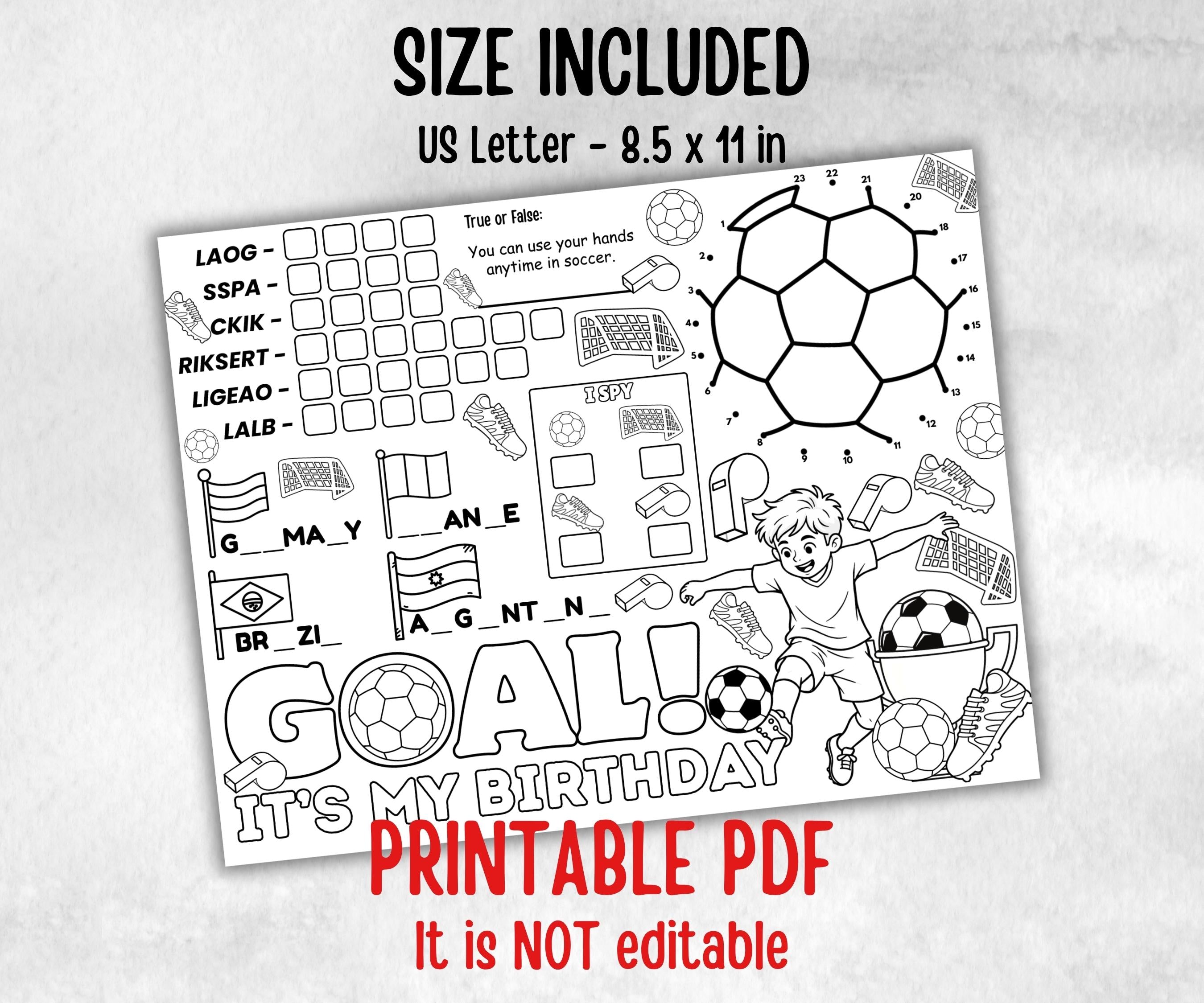 Soccer placemat placemat, Daycare Printable, kids sheets, Birthday coloring Sheet, Boy Girl Bday favor, Football themed, sports, world cup