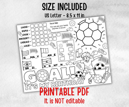 Soccer placemat placemat, Daycare Printable, kids sheets, Birthday coloring Sheet, Boy Girl Bday favor, Football themed, sports, world cup