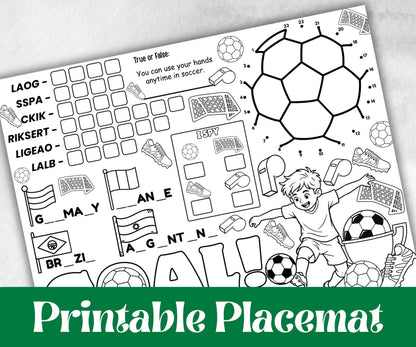 Soccer placemat placemat, Daycare Printable, kids sheets, Birthday coloring Sheet, Boy Girl Bday favor, Football themed, sports, world cup