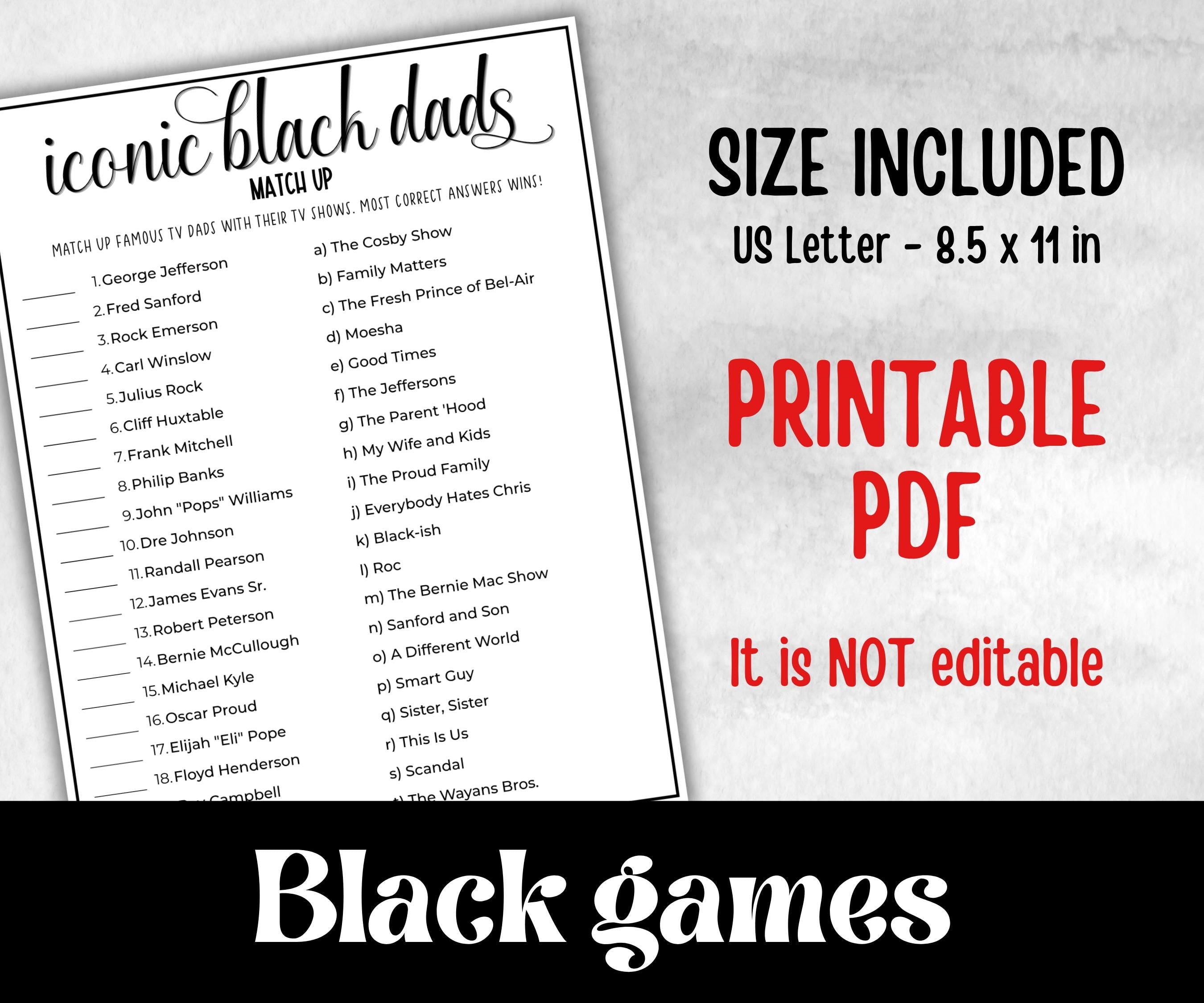 Iconic Black Dads Trivia, African American, Black Culture baby shower, Daddy to be, baby sprinkle, fathers day games, black daddy match up