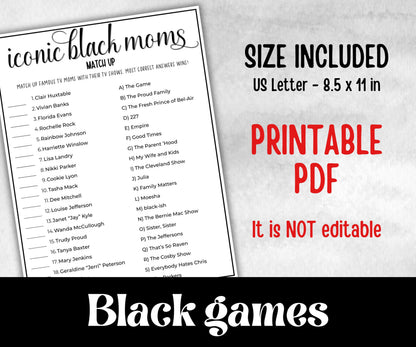 Iconic Black Moms Trivia, African American, Black Culture baby shower, Mommy to be, mothers day, baby sprinkle, black mama, icebreaker game